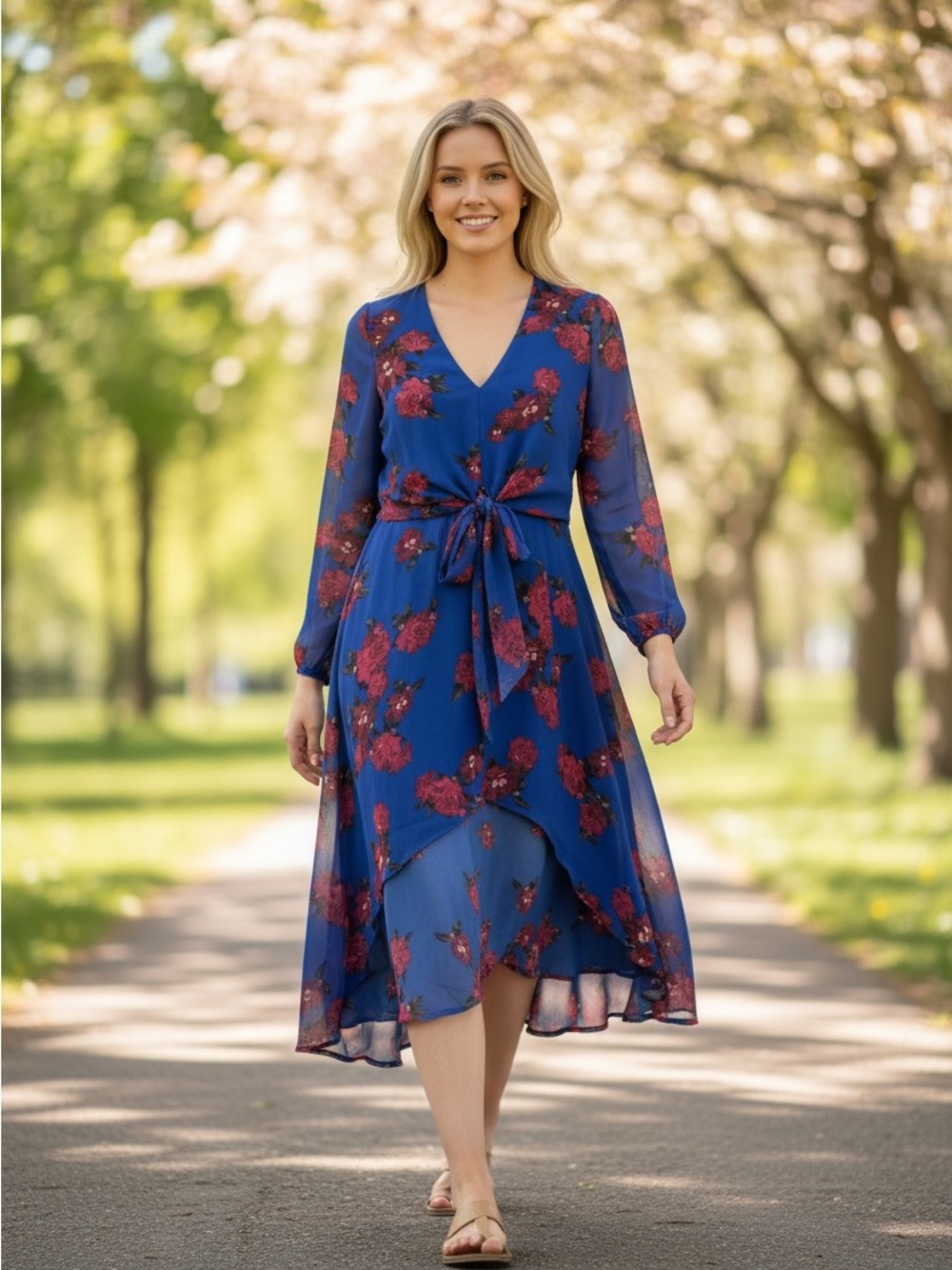 Dynamite Blue Floral V-Neck Tie-Waist Midi Dress